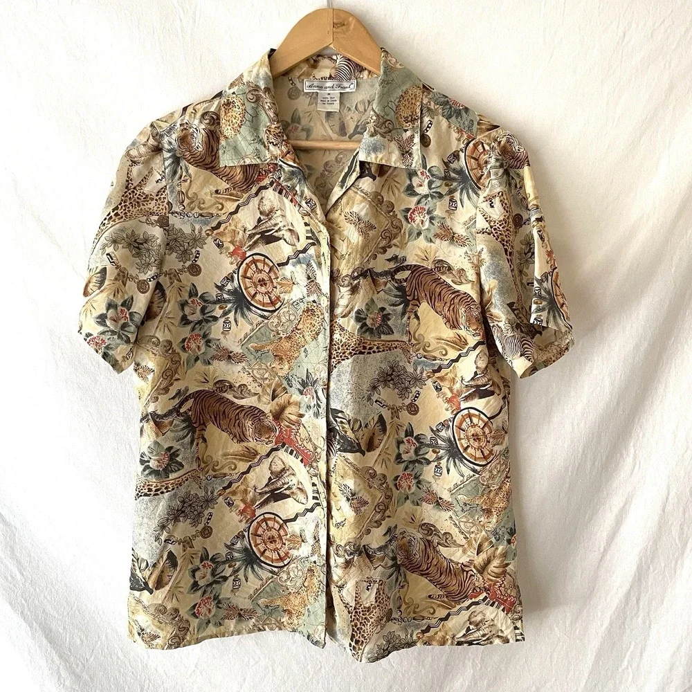 Vintage Anna & Frank Top Womens Medium M 100% Silk African Safari Animal Print - Picture 1 of 8